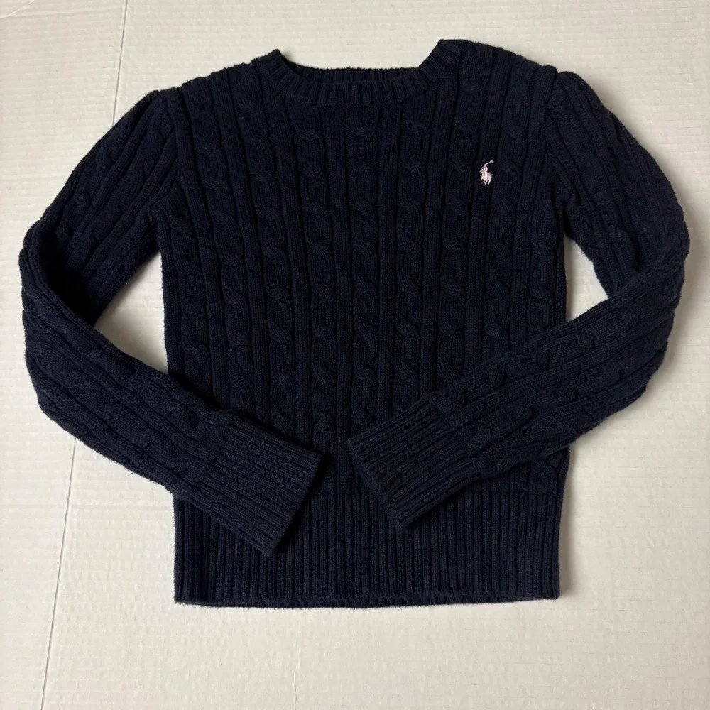 Polo Ralph Lauren Cable Knit Sweater Girls 6X Navy Blue Pink Pony Preppy